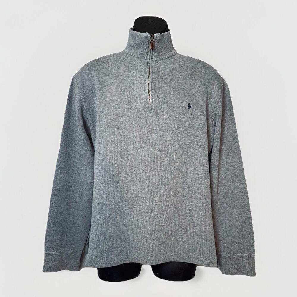 Polo Ralph Lauren Sweater Mens M Gray 1/4 Zip Mock 100% Cotton Italian Knit Boxy